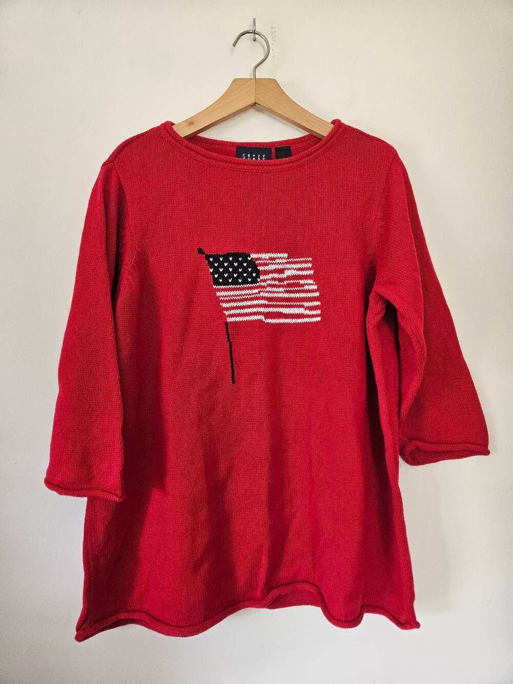 Crazy Horse Liz Claiborne American Flag Sweater Red Roll Edge Size 1 L